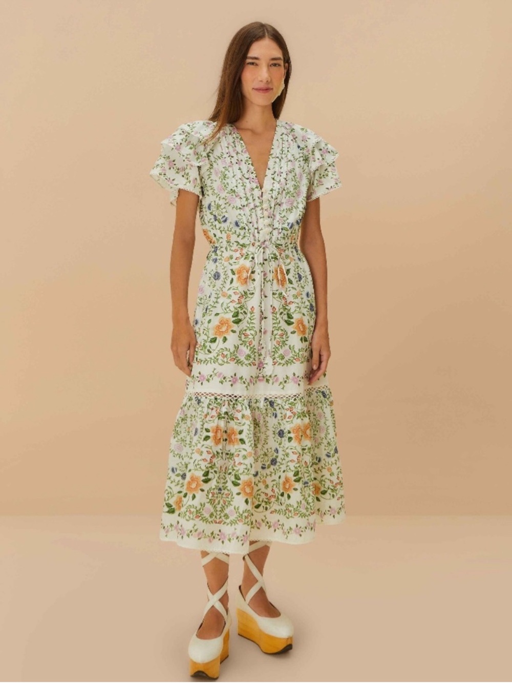 FARM RIO Folk Floral off white short sleeve midi dress, puff sleeve NWT XL
